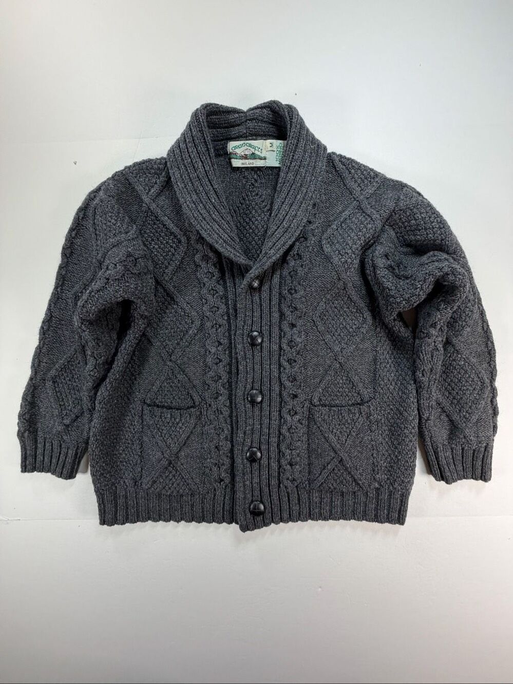 Aran Crafts Ireland 100% Merino Wool Shawl Collar Cardigan Gray Size M Small Fit